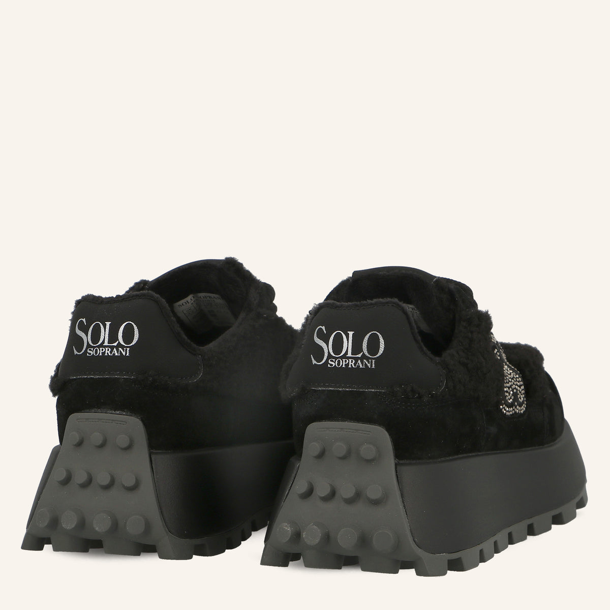 Sneakers Platform Melbourne Black in Suede con Logo di Cristalli ed Eco-Pelliccia Teddy | Solo Soprani