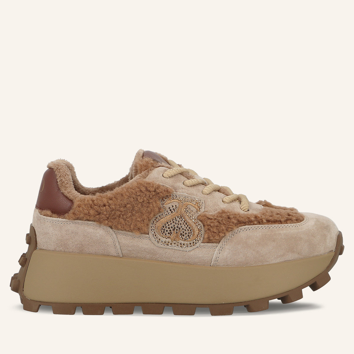 Sneakers Platform Melbourne Cappuccino in Suede con Logo di Cristalli ed Eco-Pelliccia Teddy | Solo Soprani