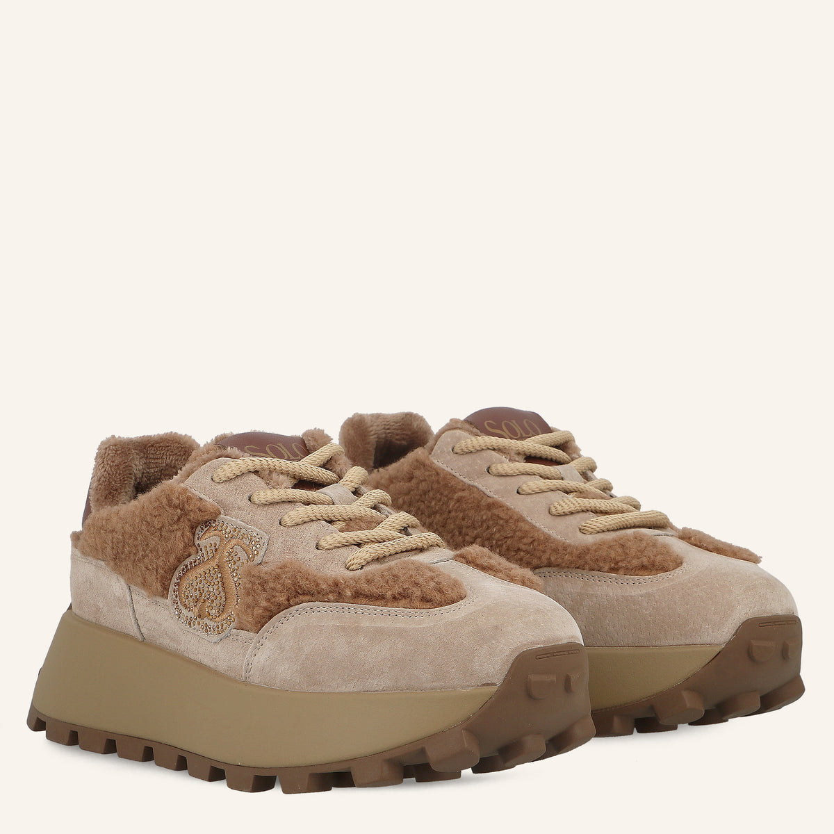 Sneakers Platform Melbourne Cappuccino in Suede con Logo di Cristalli ed Eco-Pelliccia Teddy | Solo Soprani