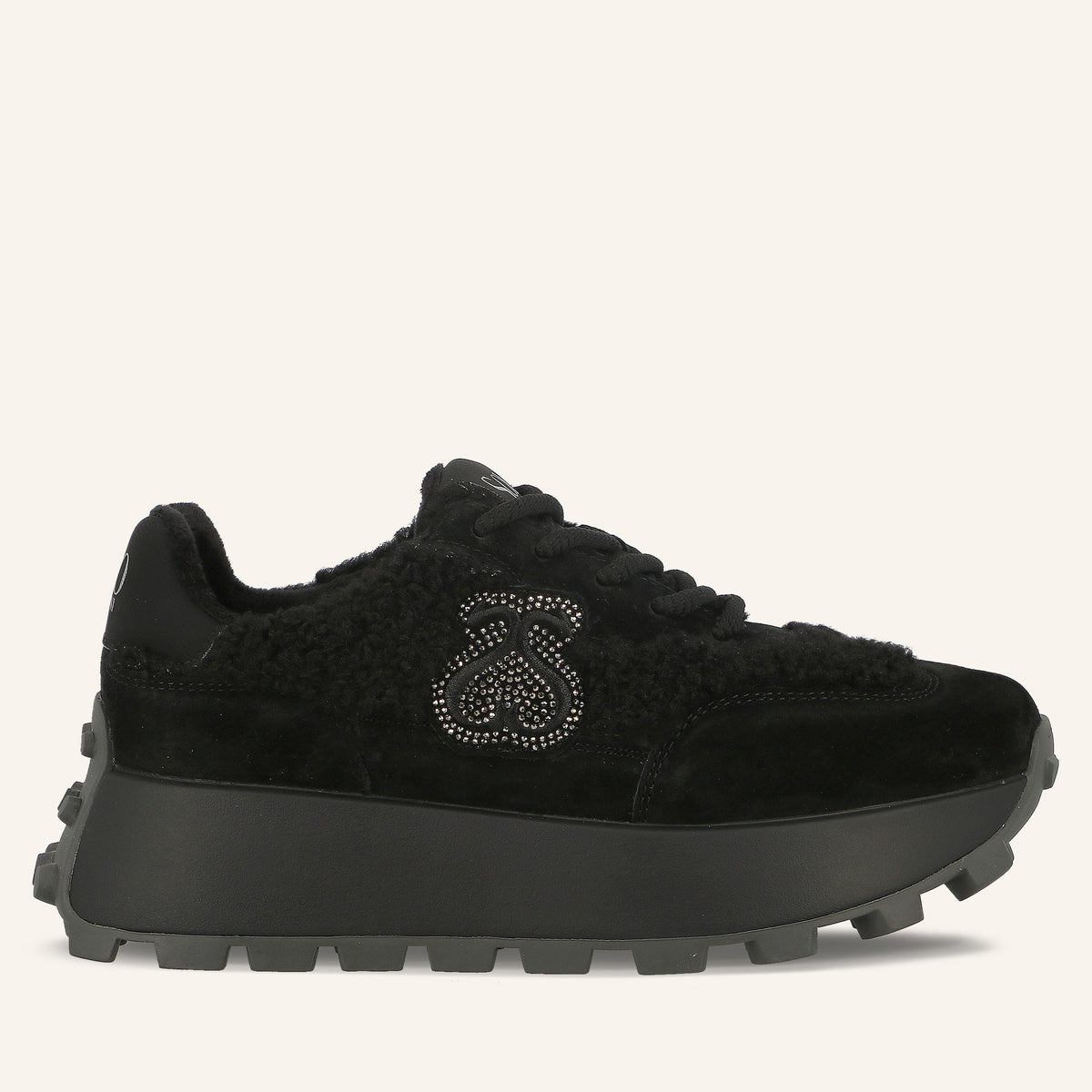 Sneakers Platform Melbourne Black in Suede con Logo di Cristalli ed Eco-Pelliccia Teddy | Solo Soprani