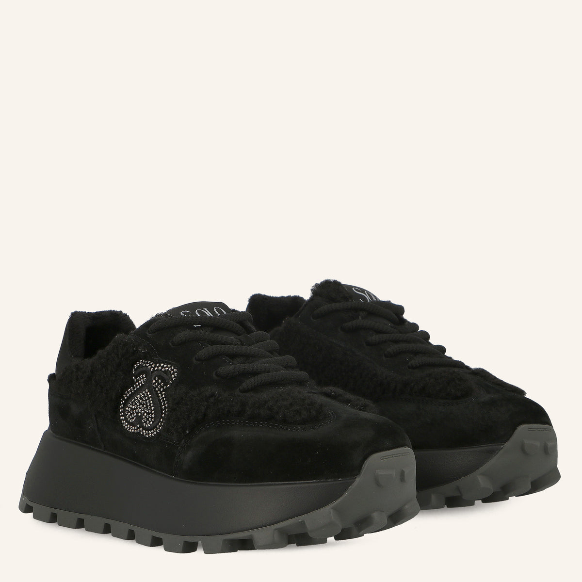 Sneakers Platform Melbourne Black in Suede con Logo di Cristalli ed Eco-Pelliccia Teddy | Solo Soprani
