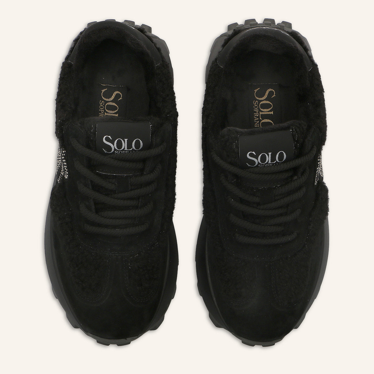 Sneakers Platform Melbourne Black in Suede con Logo di Cristalli ed Eco-Pelliccia Teddy | Solo Soprani