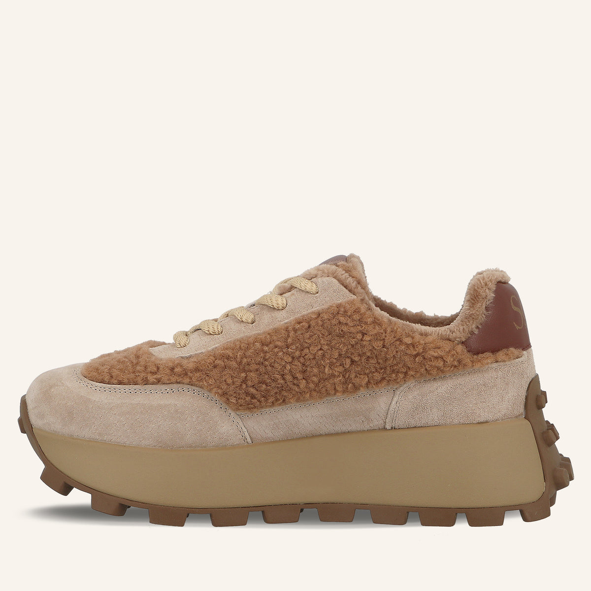 Sneakers Platform Melbourne Cappuccino in Suede con Logo di Cristalli ed Eco-Pelliccia Teddy | Solo Soprani