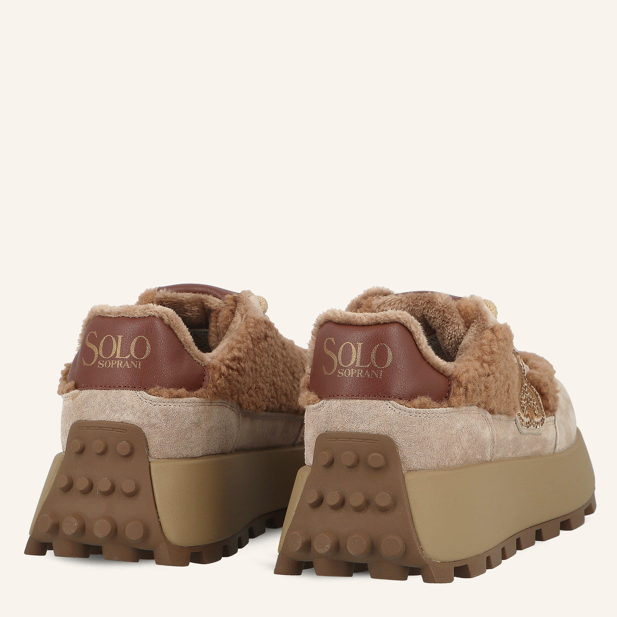 Sneakers Platform Melbourne Cappuccino in Suede con Logo di Cristalli ed Eco-Pelliccia Teddy | Solo Soprani