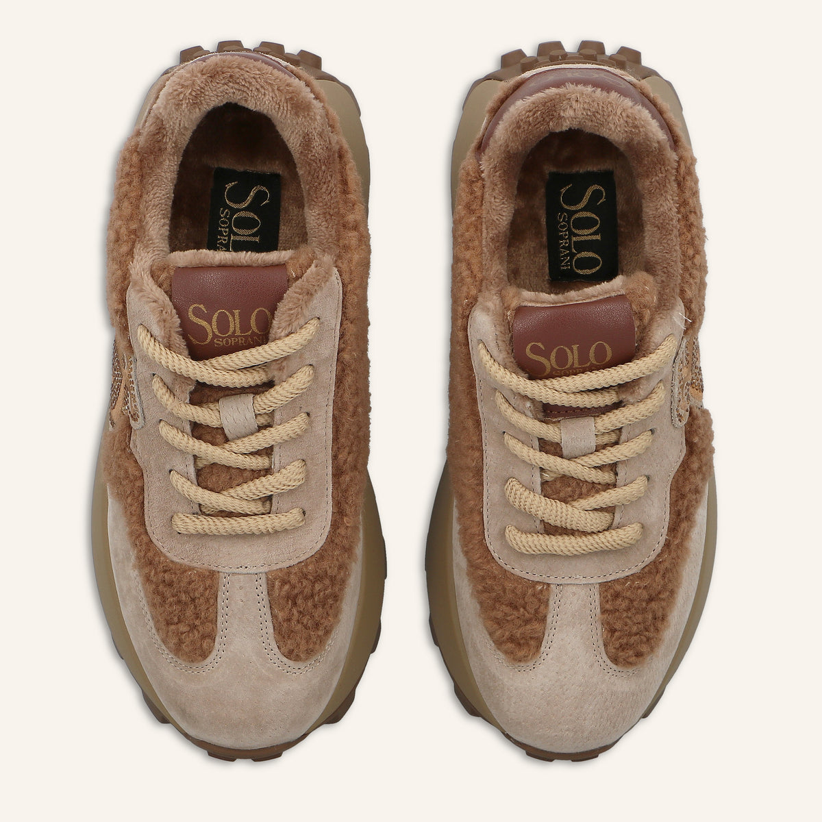Sneakers Platform Melbourne Cappuccino in Suede con Logo di Cristalli ed Eco-Pelliccia Teddy | Solo Soprani